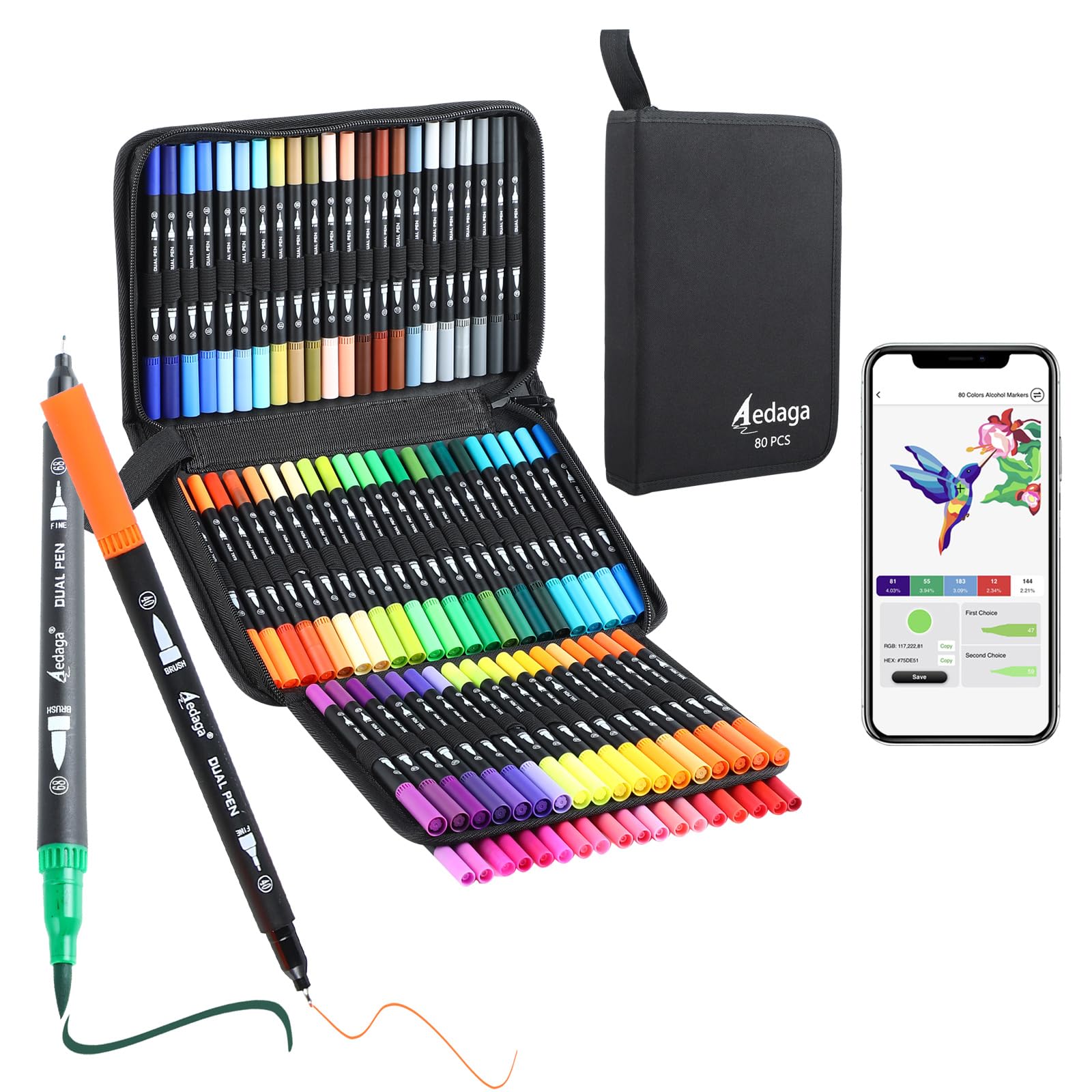 AEDAGA 80 Colour Dual Tip Brush Markers | Numbered Pens with App