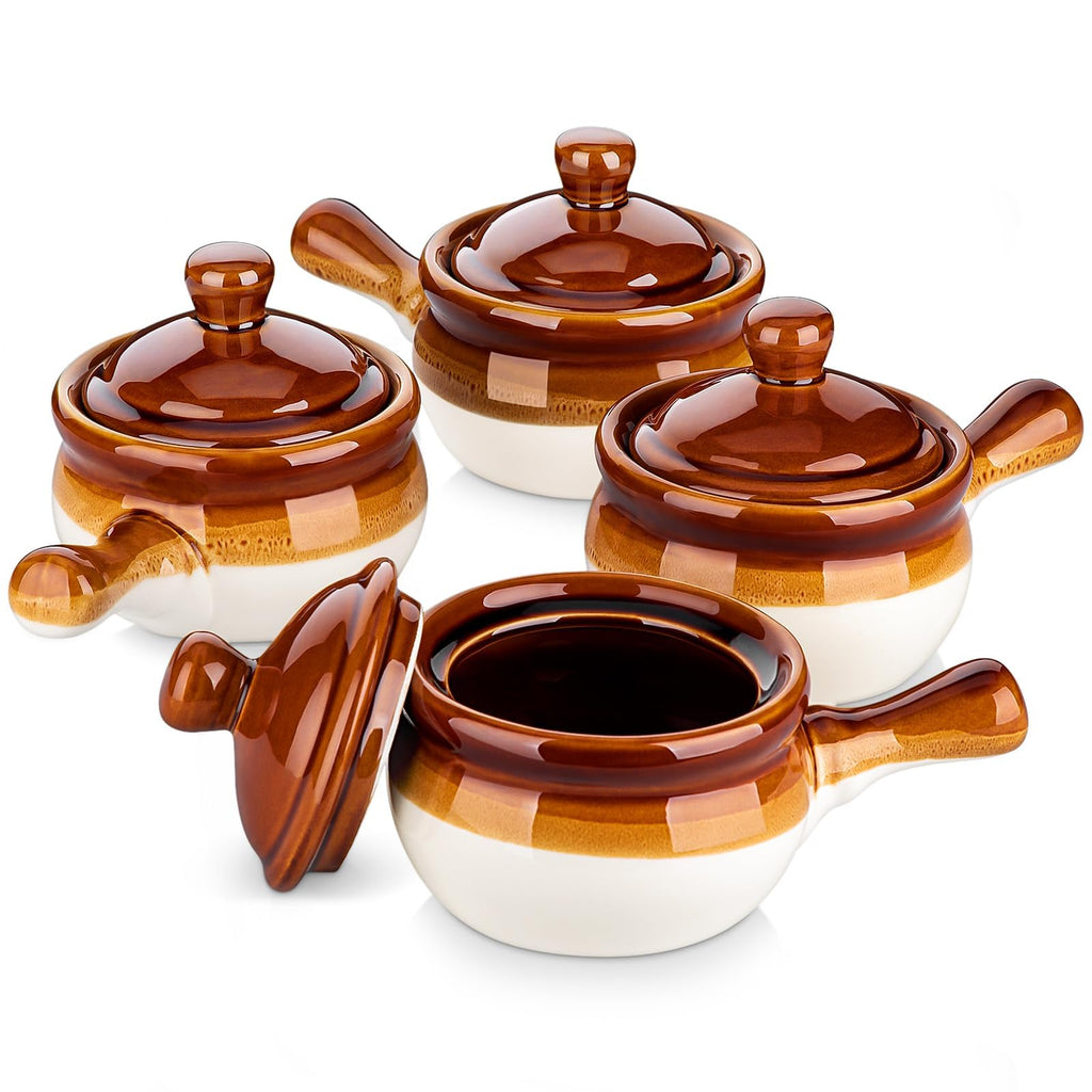 LOVECASA 16 oz French Onion Soup Crocks with Lids - Porcelain Set of 4