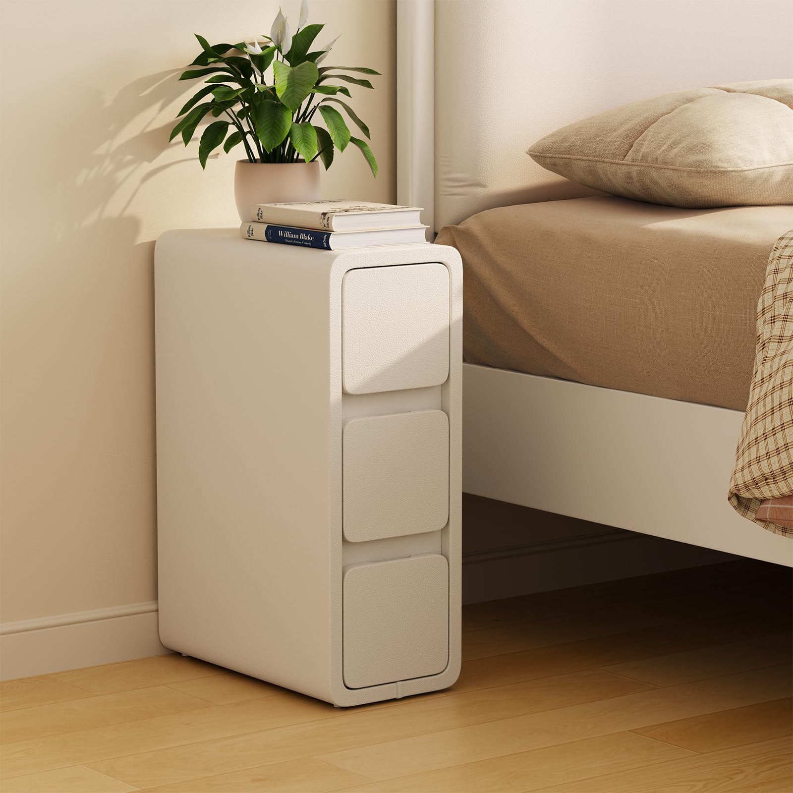 AQIMUELE Narrow Bedside Table | 3-Drawer Slim Leather Nightstand - White