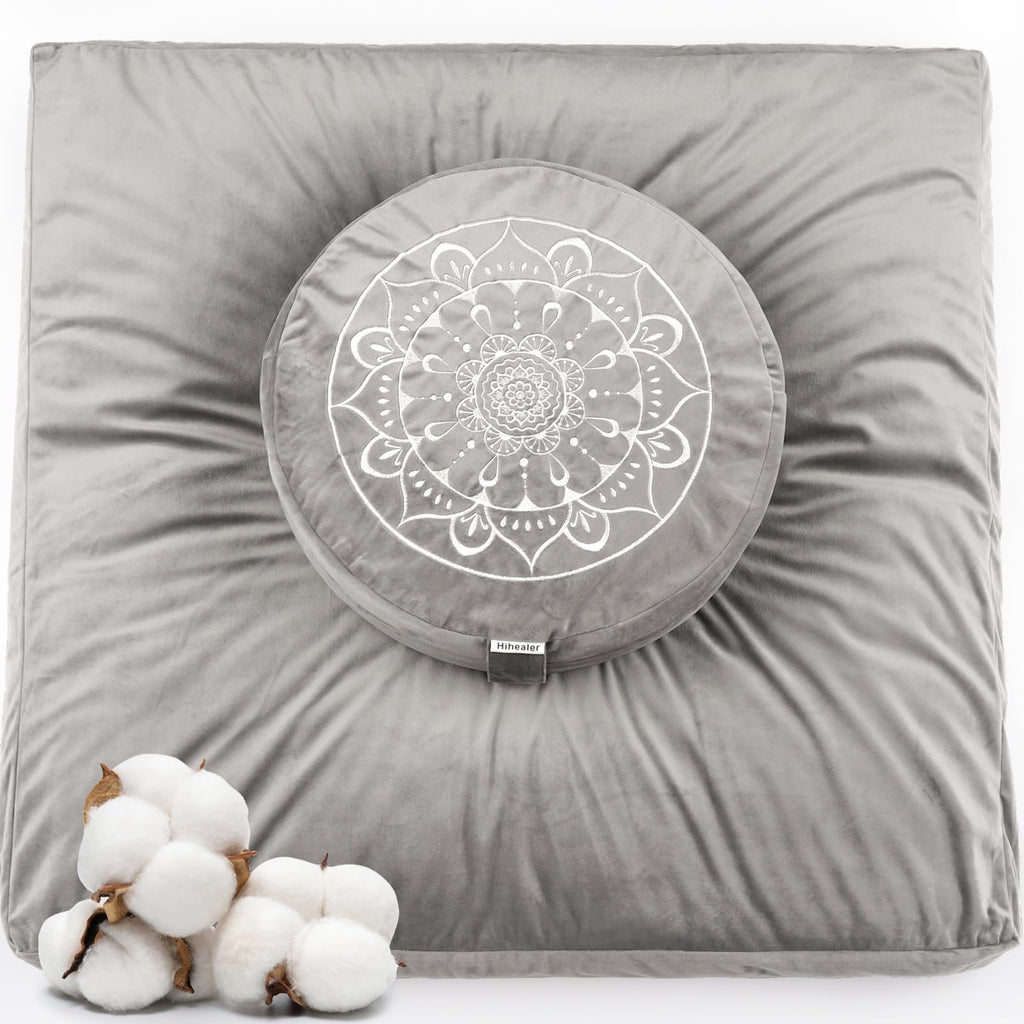 Hihealer Velvet Meditation Cushion and Zabuton Mat Set - Grey Zafu Pillow