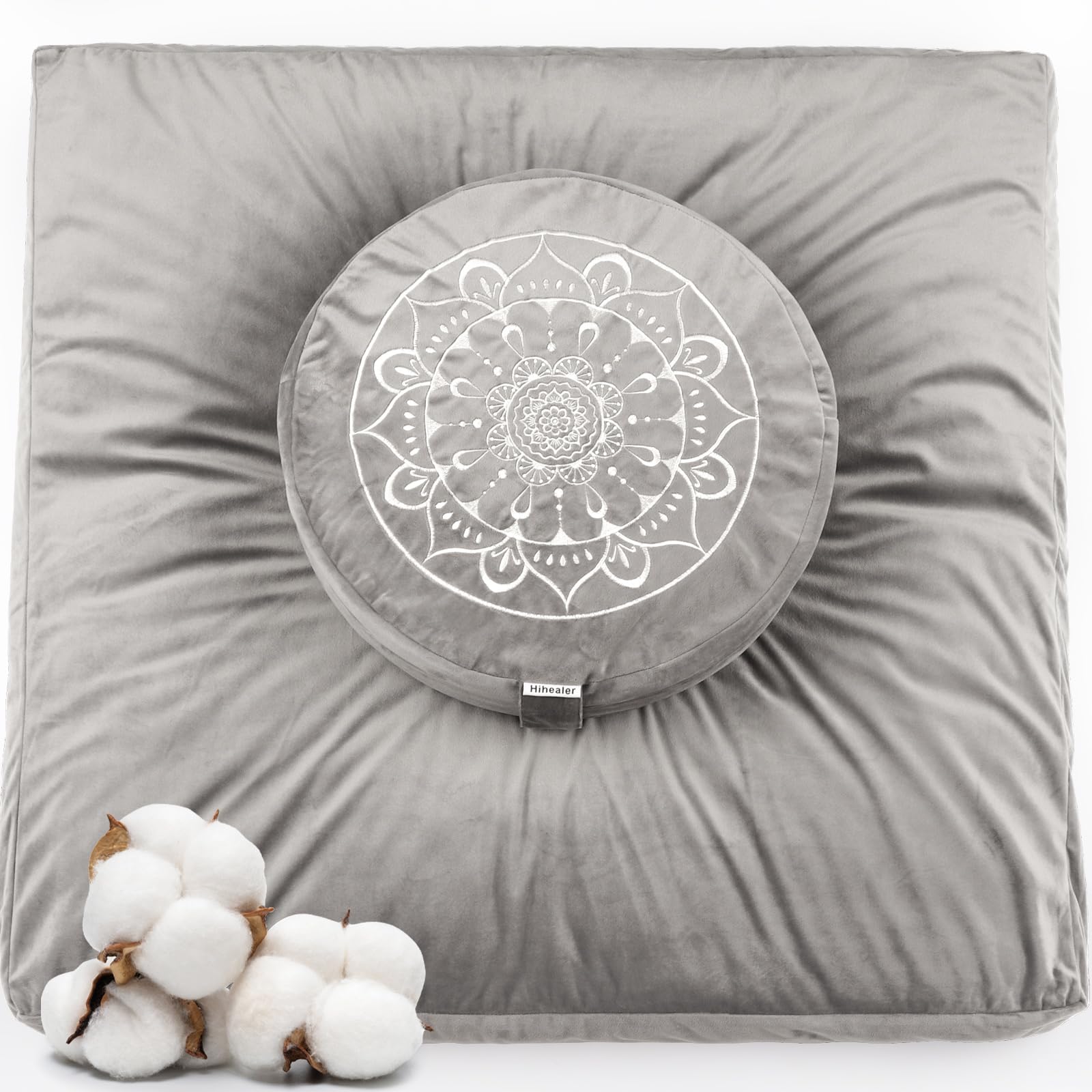 Hihealer Velvet Meditation Cushion and Zabuton Mat Set - Grey Zafu Pillow