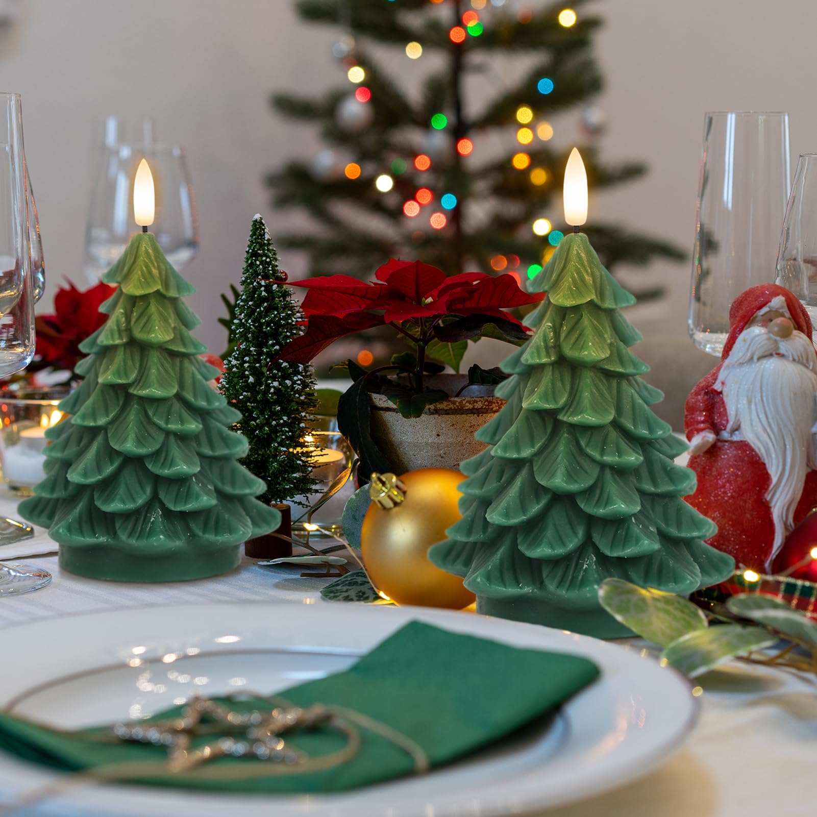 Eldnacele Green Christmas Tree Flameless Candles - Real Wax LED Set of 2