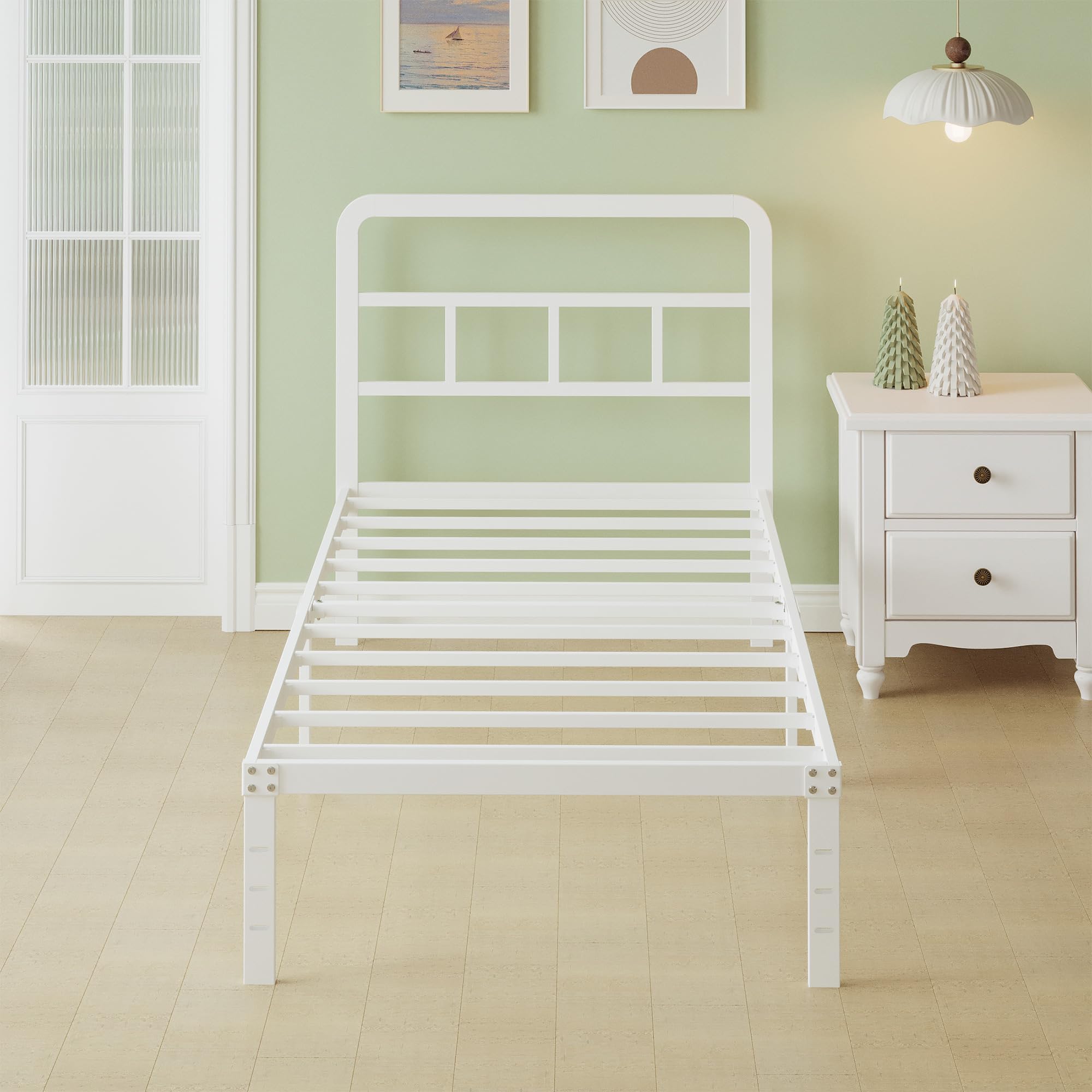 Lutown-Teen Metal Single Bed Frame 90x200 - White Storage Bed with Headboard