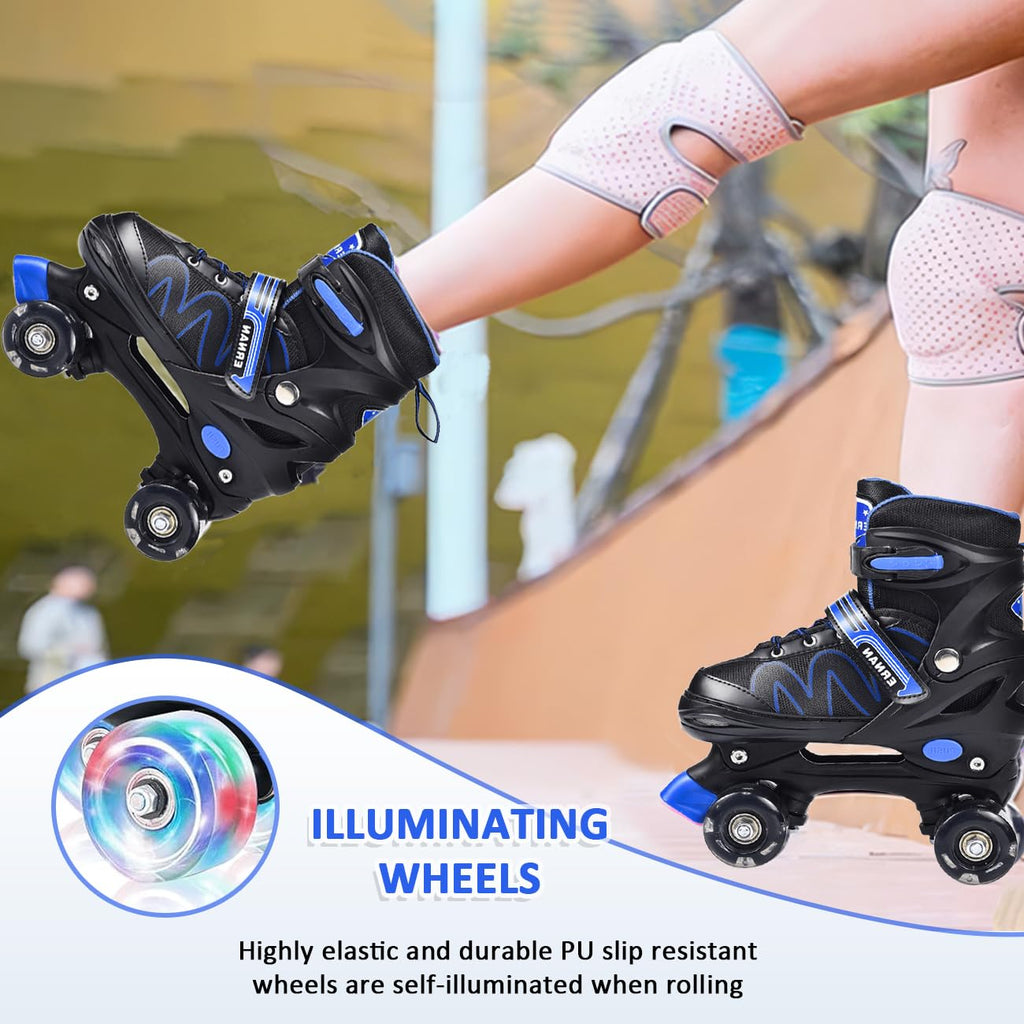 ERNAN Kids Roller Skates | 8 Light Up Wheels | 4 Sizes Adjustable - Blue