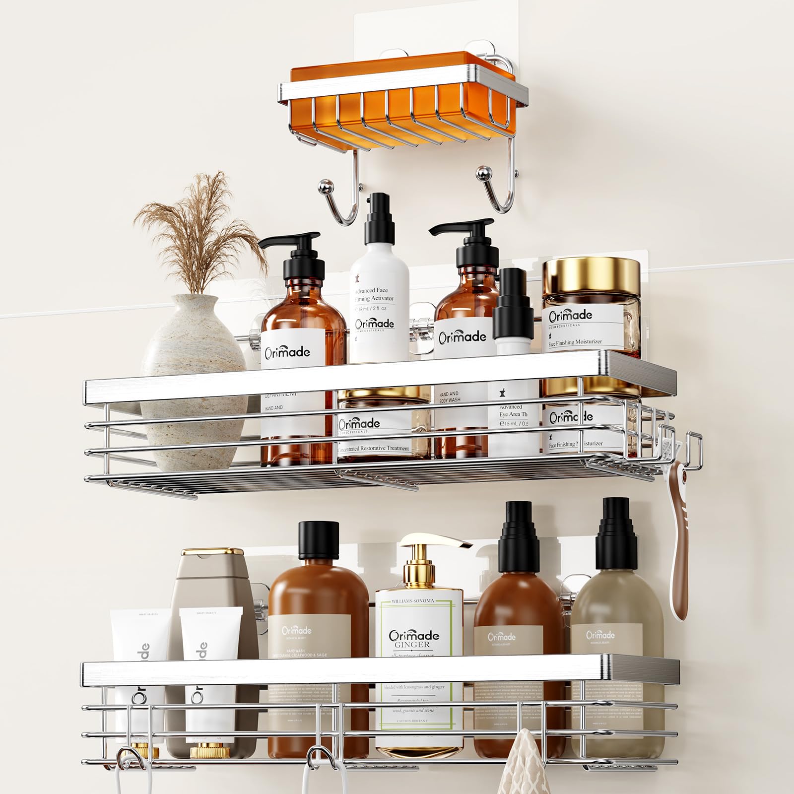 Orimade Adhesive Shower Caddy - 3 Pack Stainless Steel Wall Mounted Rack