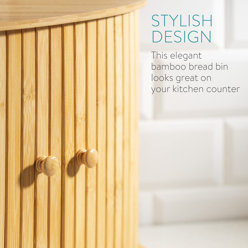 Navaris Bamboo Corner Bread Bin – Wooden Kitchen Storage with Sliding Doors