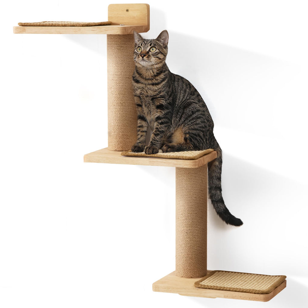 FUKUMARU Wall Mounted Cat Climbing Shelf | Rubber Wood Stair with Jute Post