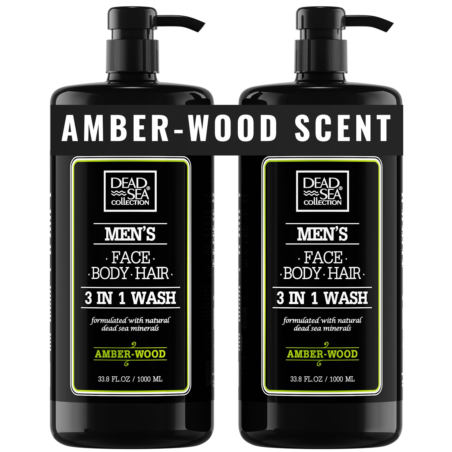 Dead Sea Collection 3-in-1 Men's Body Wash & Shampoo, Amberwood, 2-Pack