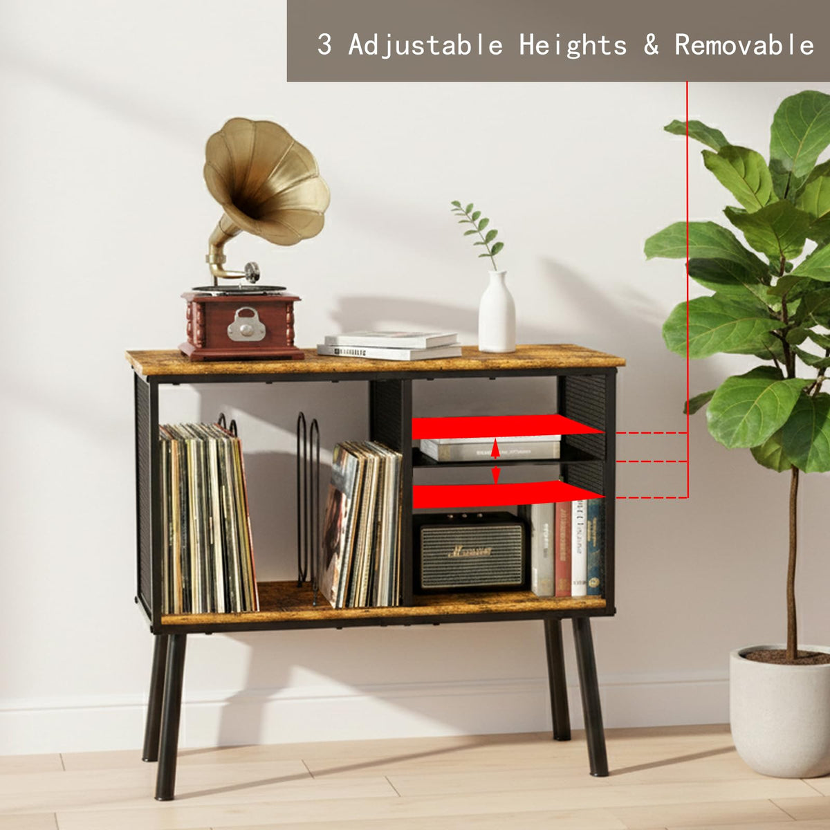 Kryntex Record Player Stand with Adjustable Divider, Vinyl Storage Cabinet Holds up to 200 Records, Mid-Century Turntable Stand with Metal Frame - image 4