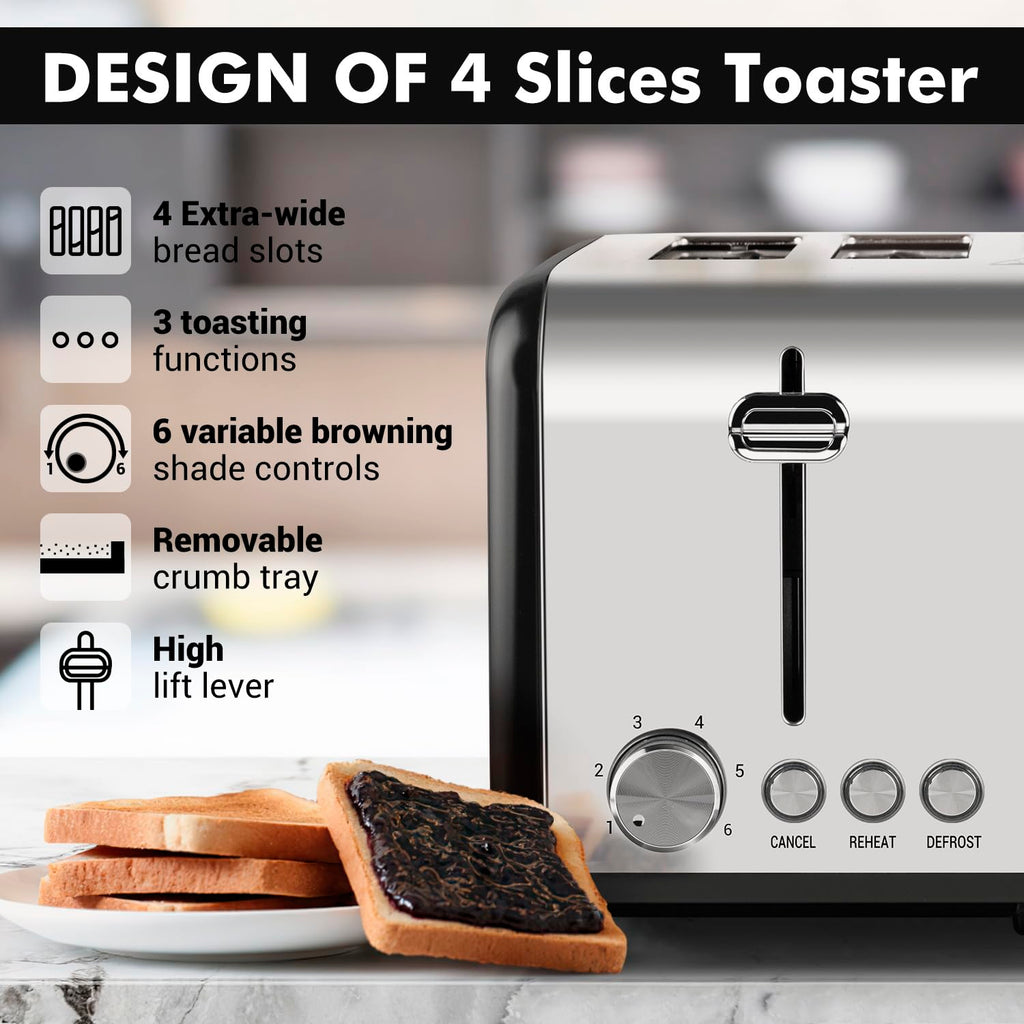 Cusimax 4-Slice Stainless Steel Toaster with Extra-Wide Slots