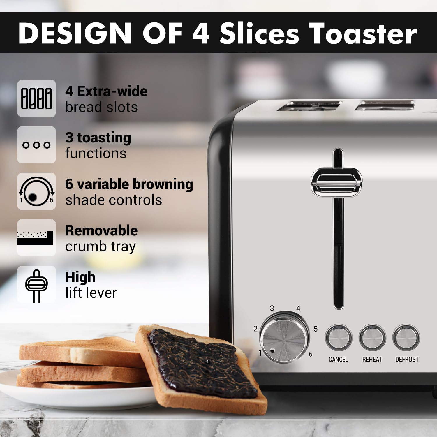 Cusimax 4-Slice Stainless Steel Toaster with Extra-Wide Slots