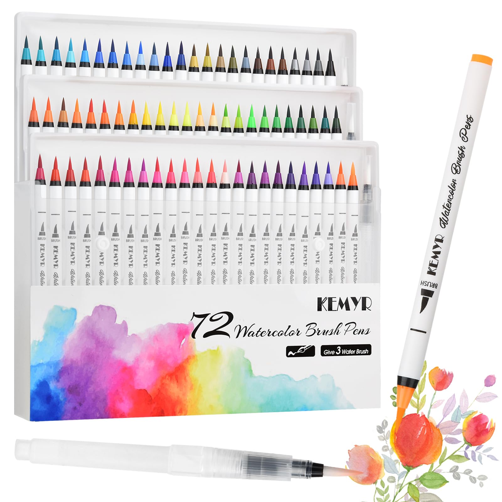 KEMYR Watercolor Brush Pens | 72 Colors with 3 Blending Aquapens