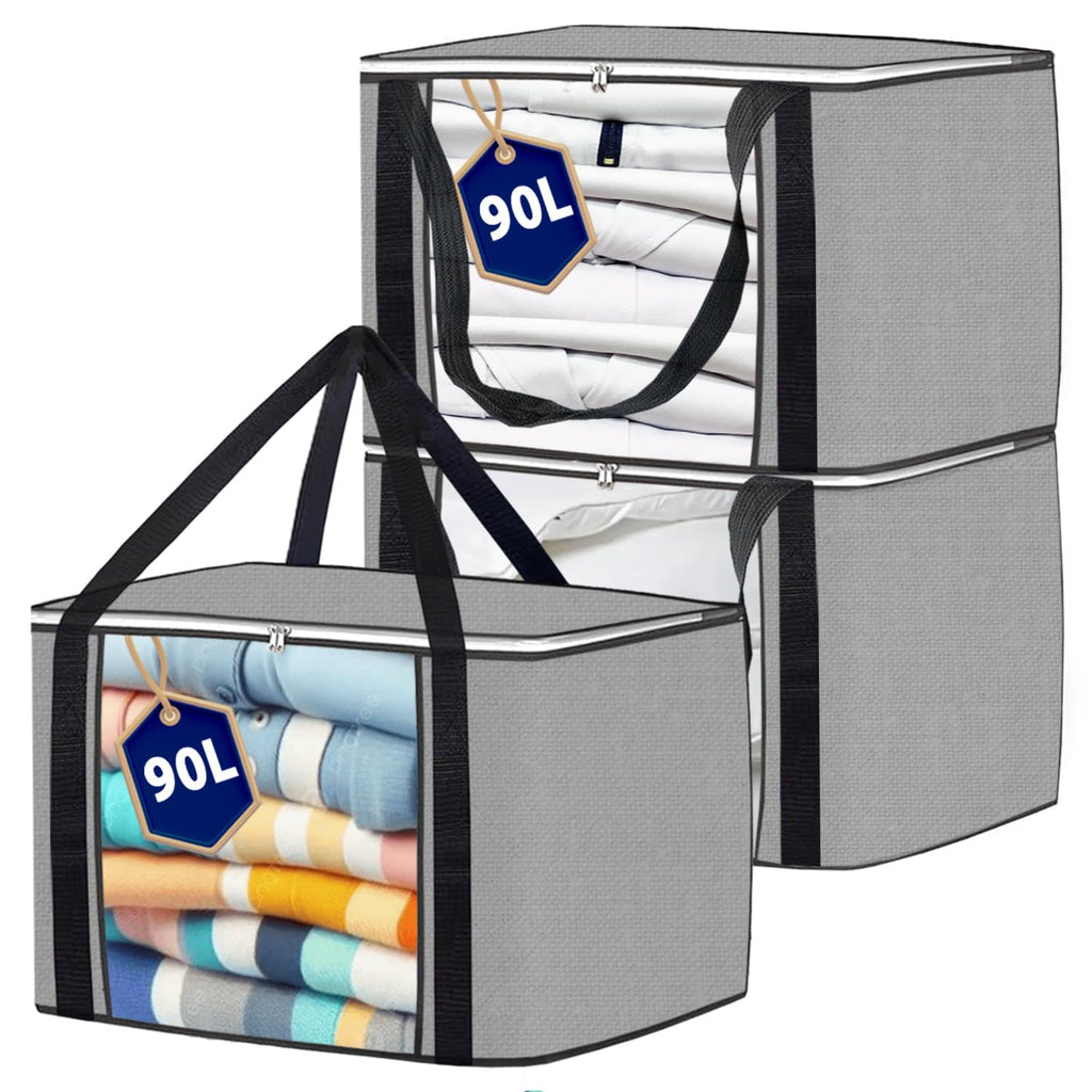 Joybees Clothes Storage Bags with Lids, 3-Pack, 90L Large Foldable Boxes with Zipper & Clear Window, Thick Scratch-Resistant Material - image 1