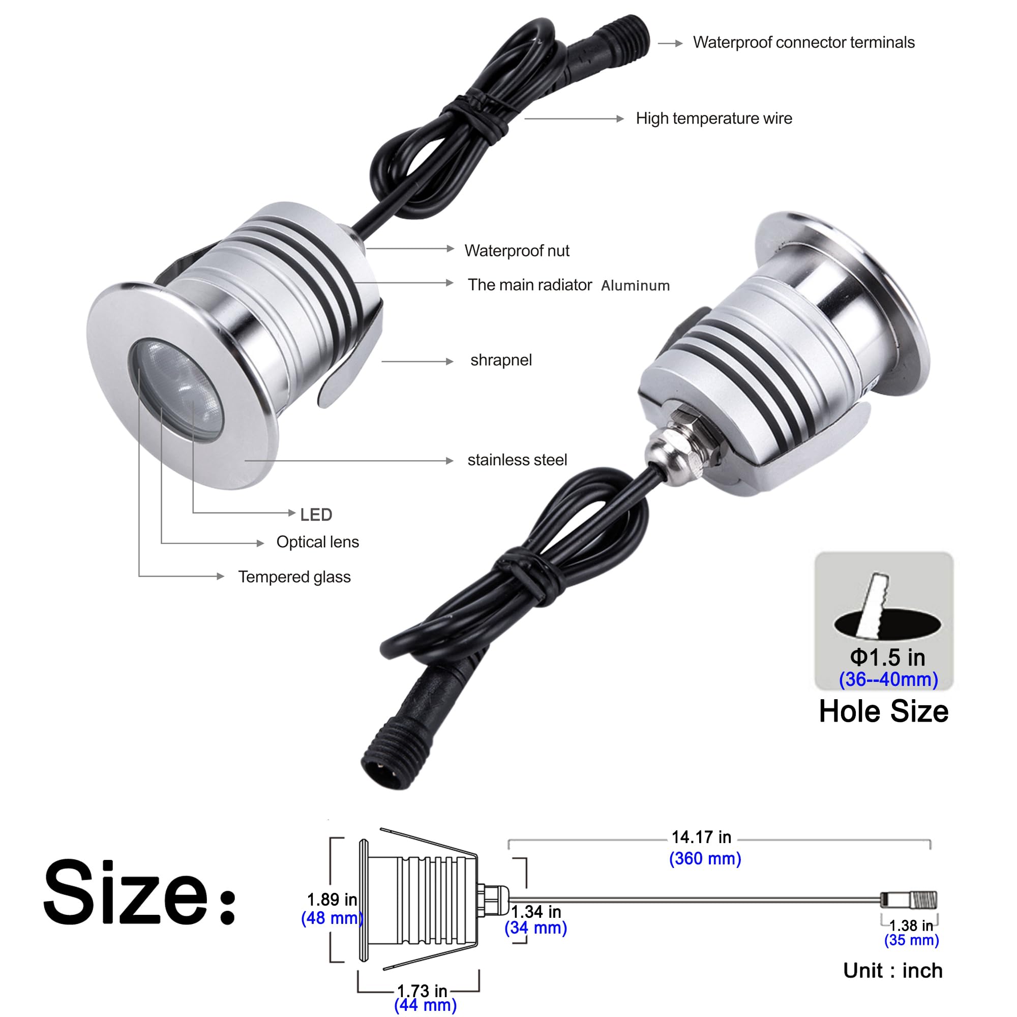 CNBRIGHTER LED Underwater Pool Lights | 3W IP68 Waterproof Stainless Steel