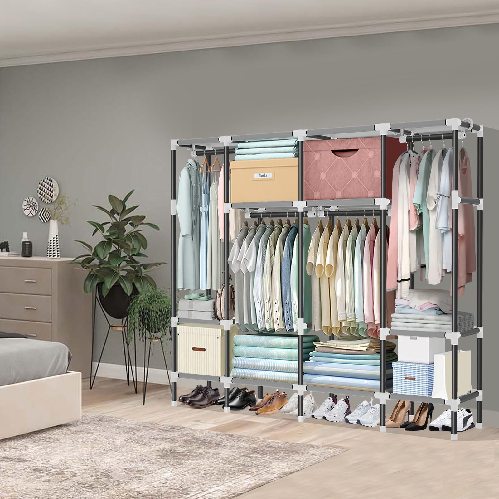 HESMENO Portable Wardrobe – Large Steel Frame Clothes Closet, Grey