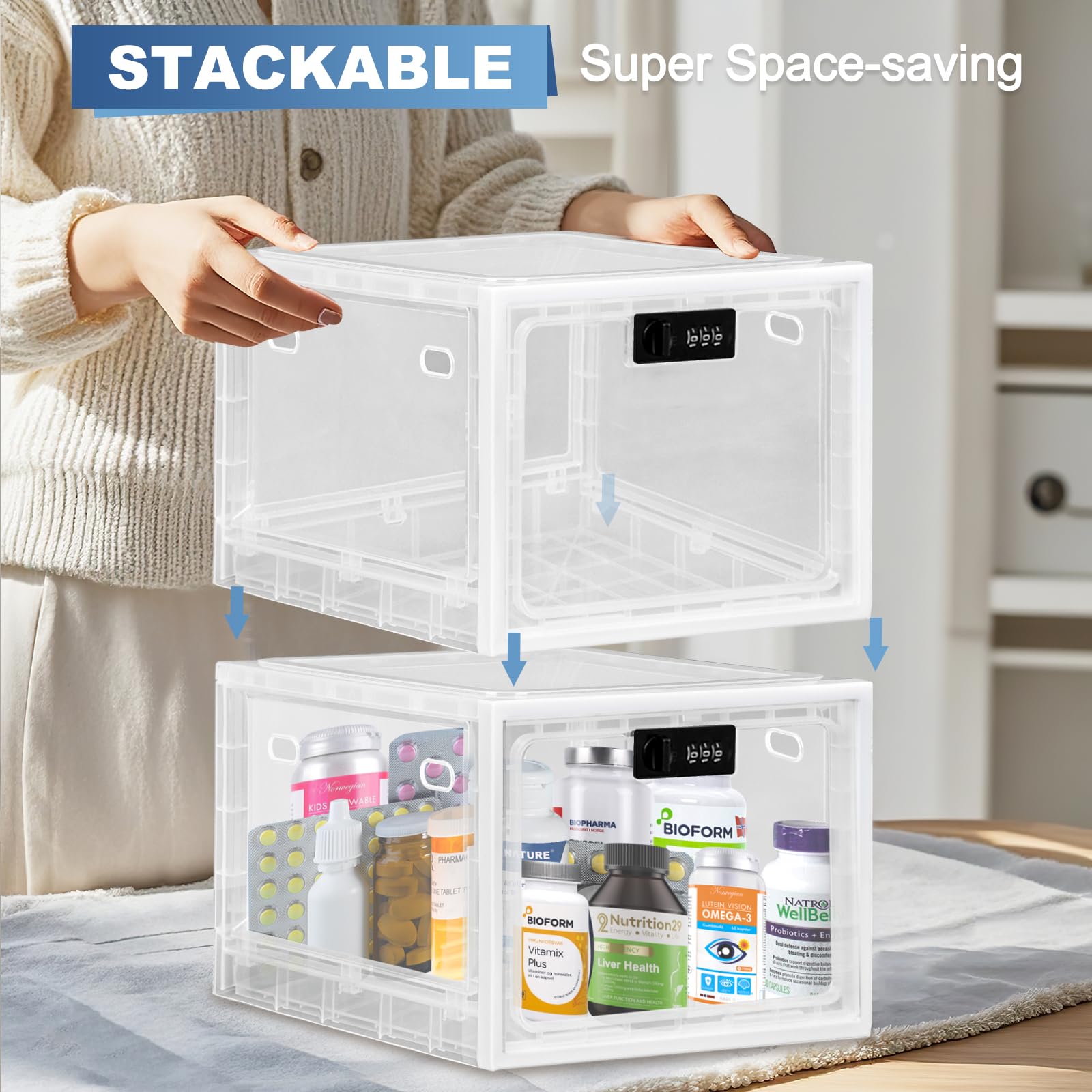 Gemaxvoled Lockable Medicine Box – 2 Pack Clear Stackable Storage Bin