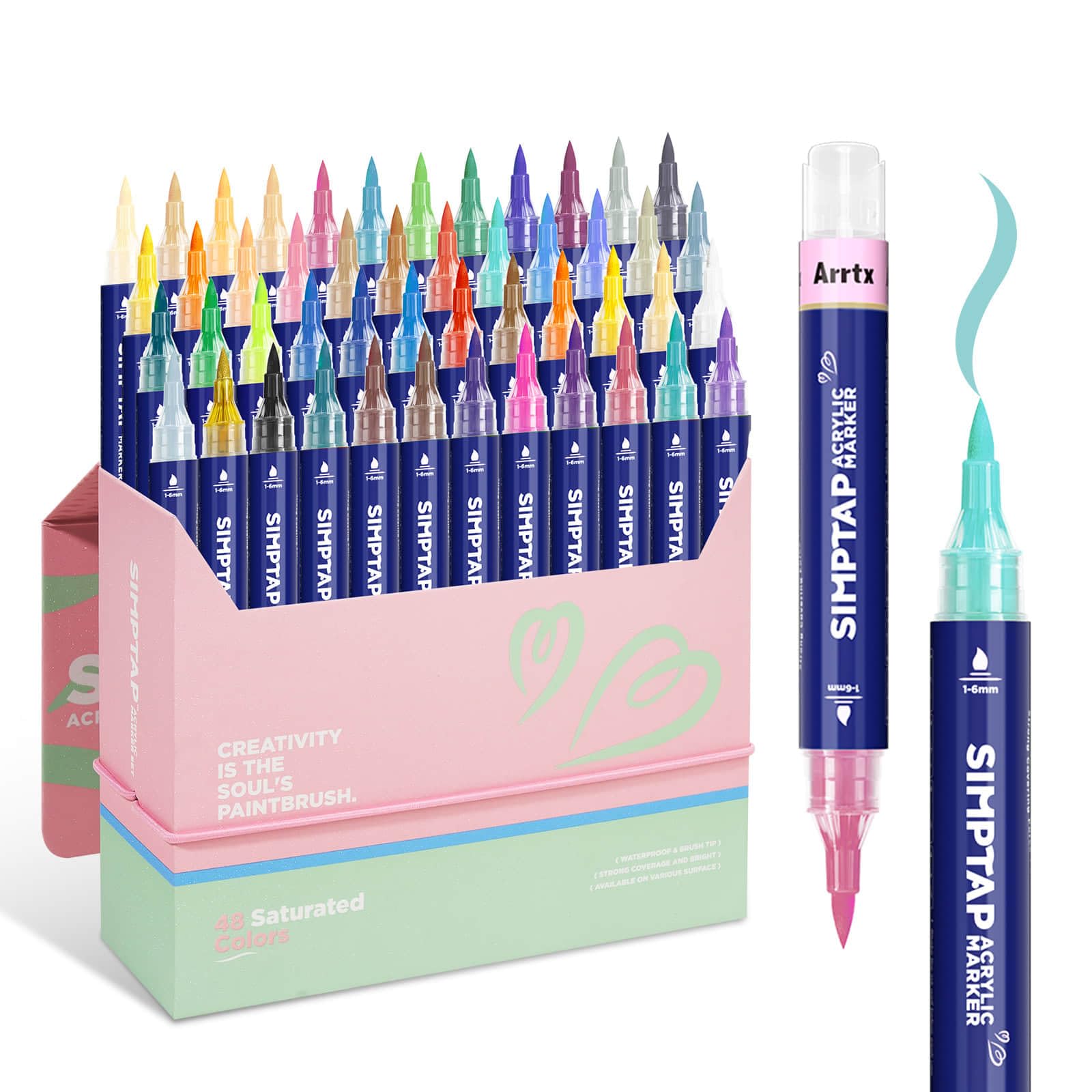 Arrtx 48 Colors Acrylic Paint Pens | Top Valve Action Brush Tip Markers