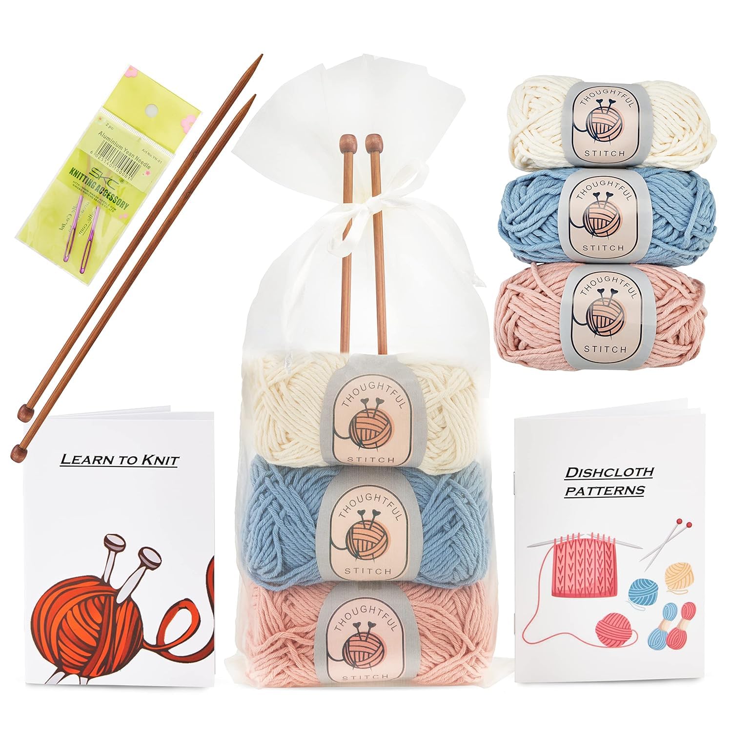 Beginner Knitting Kit - DIY Dishcloth Set with Bamboo Needles