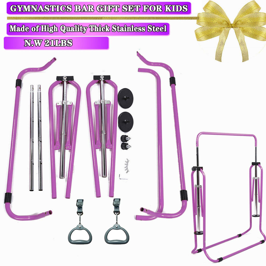 Kids Gymnastics Bar with Flying Rings - Adjustable Pink Gym Bar