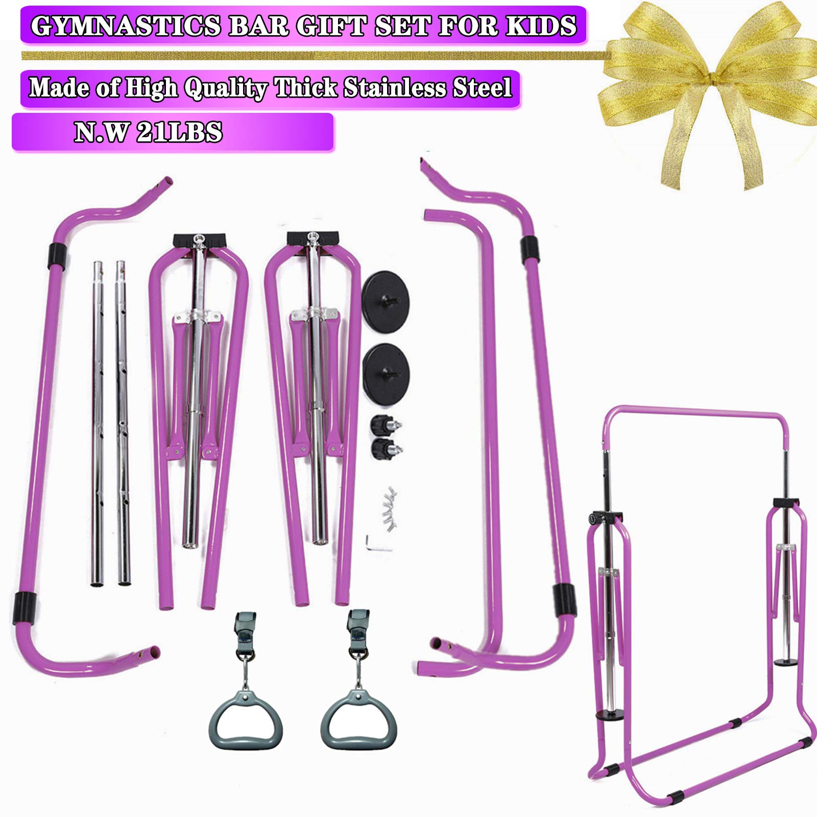 Kids Gymnastics Bar with Flying Rings - Adjustable Pink Gym Bar