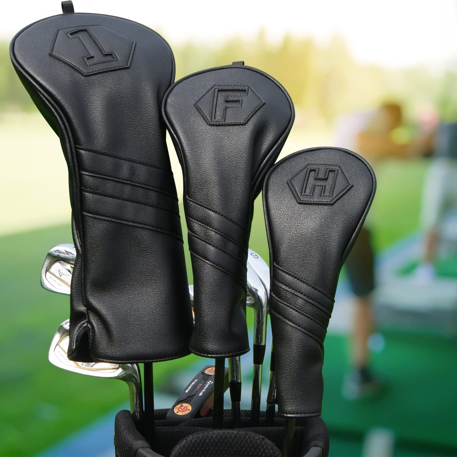 Golf Club Head Covers 3-Pack | Black PU Leather Wood Set