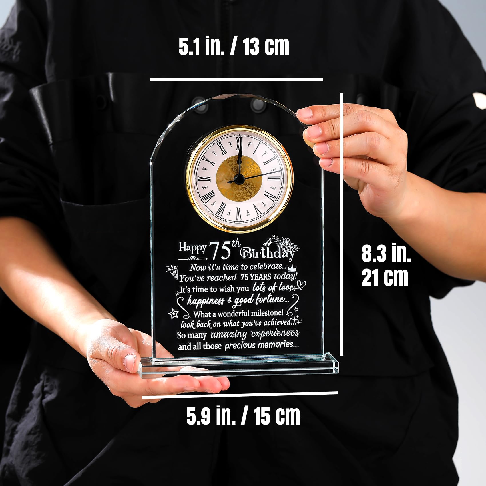 75th Birthday Crystal Clock – Glass Keepsake Milestone Gift