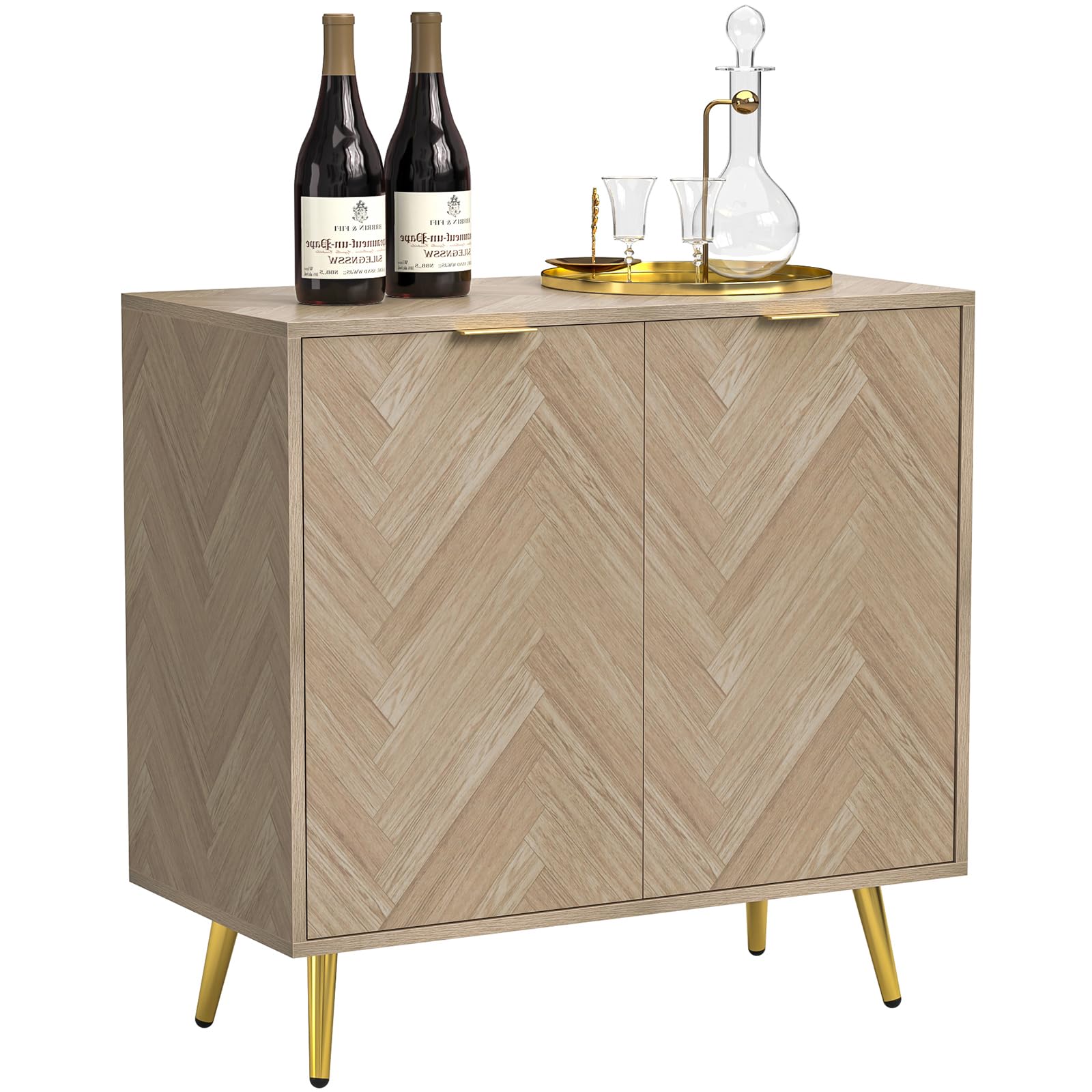 Yvsevnr Wooden Sideboard | Herringbone Storage Cabinet with Shelves