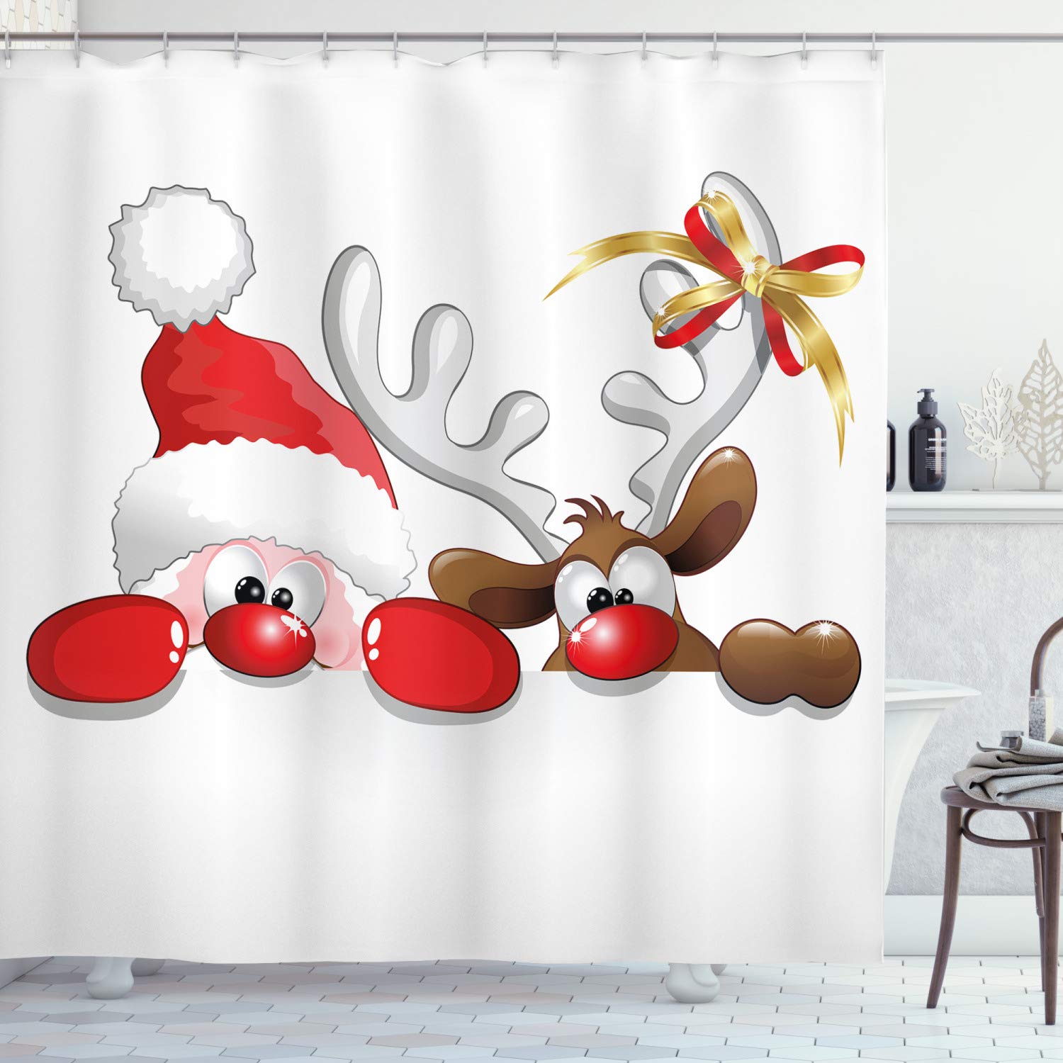 ABAKUHAUS Christmas Shower Curtain | Funny Santa & Reindeer Fabric Decor