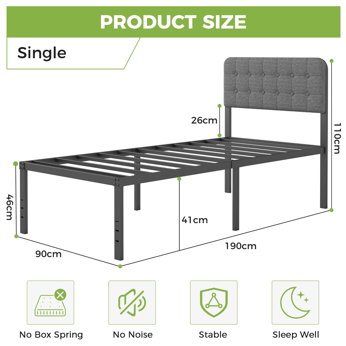 Lutown-Teen Single Bed Frame with Grey Upholstered Headboard - image 2