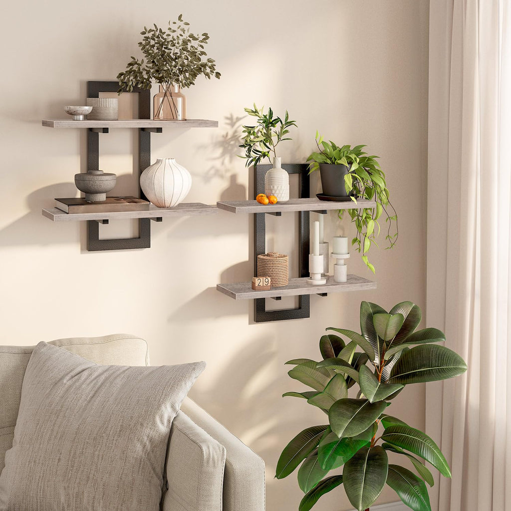 HOOBRO 2-Tier Floating Shelves Set | Greige & Black Wall Mounted Racks