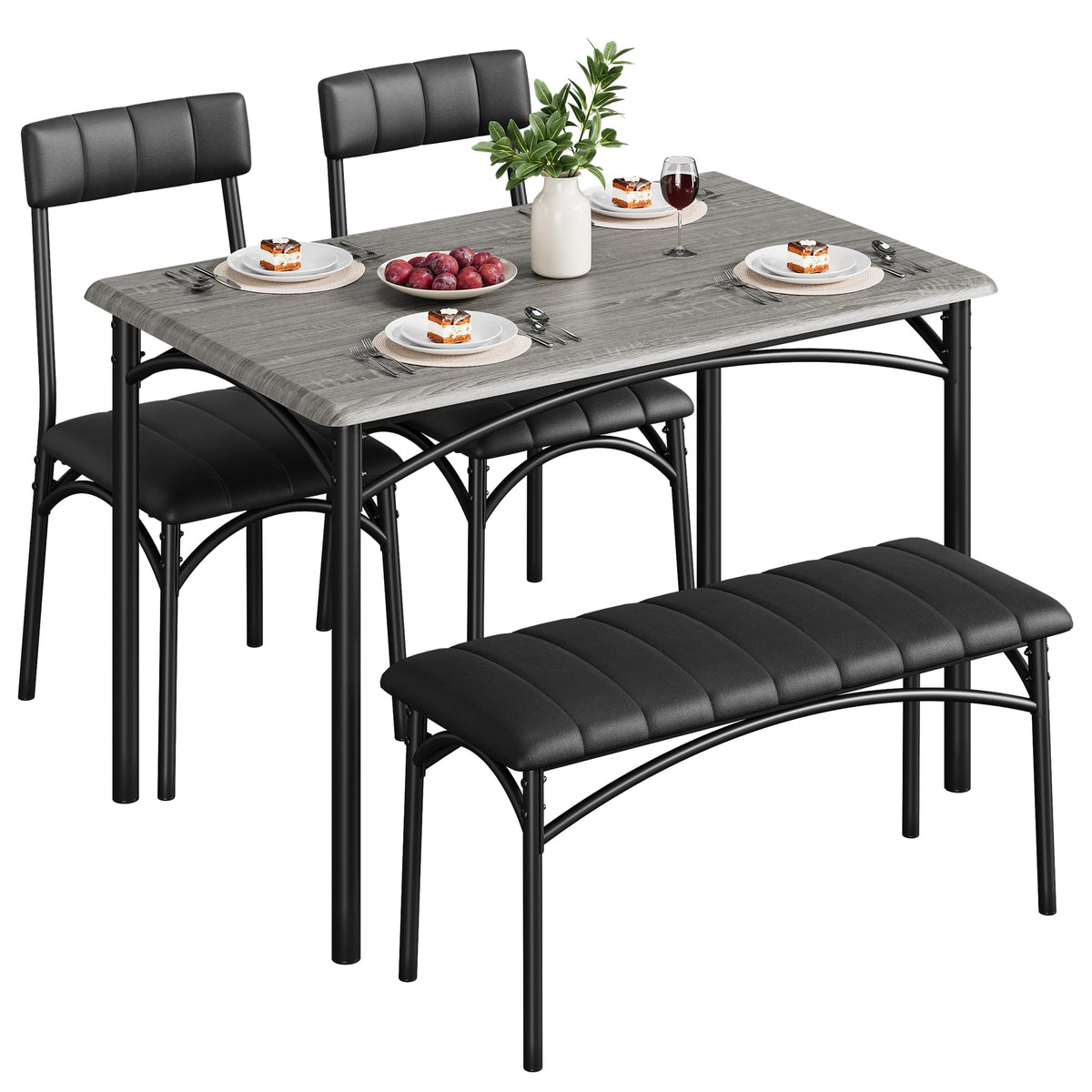 Lidzopas Dining Table Set Upholstered Chairs & Bench, Compact Space-Saving, Industrial Rustic Metal Frame, Sturdy Durable - image 1