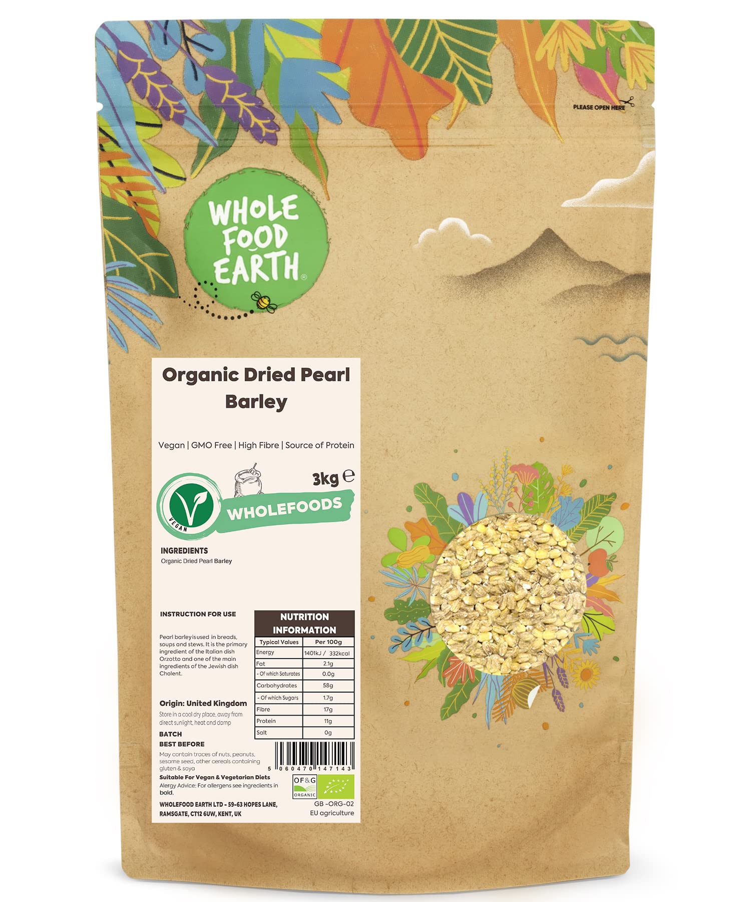 Wholefood Earth Organic Pearl Barley – 3kg High Fibre Vegan Whole Grain
