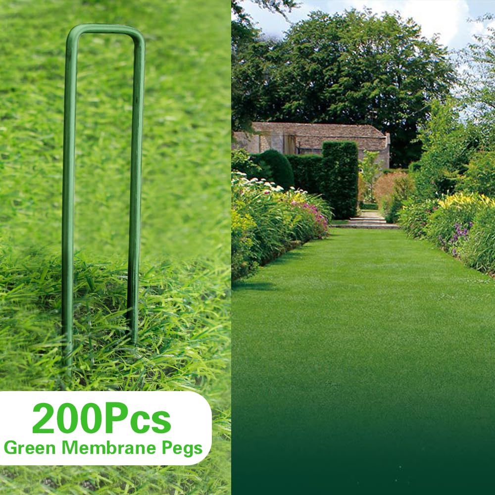 Bakulyor 200 Pack Green Landscape Staples | 6-Inch U-Shaped Steel Garden Pins