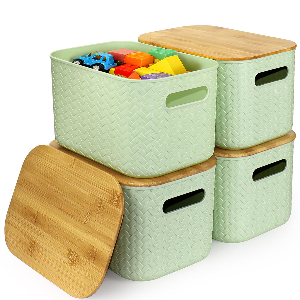 RWFMO 4 Pcs Plastic Green Storage Baskets with Bamboo Lid for Bathroom - image 1