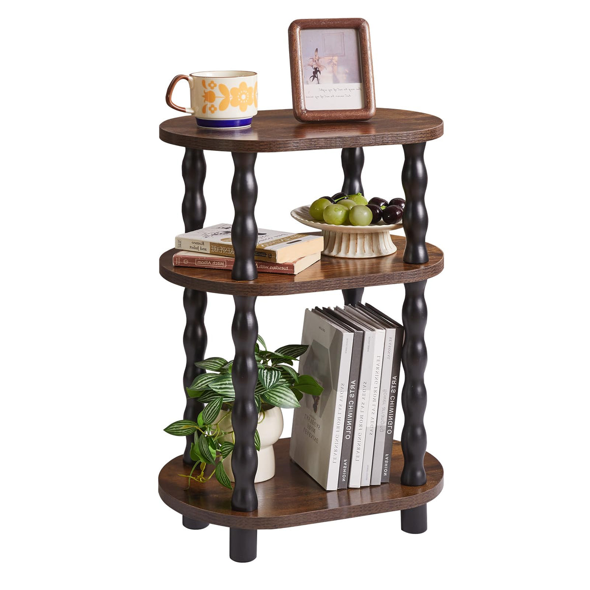 Aibiju Side Table with Solid Wood Legs, 3-Tier Oval End Table with Storage Shelf, Bedside Table Nightstand for Bedroom, Living Room, Hallway - image 1