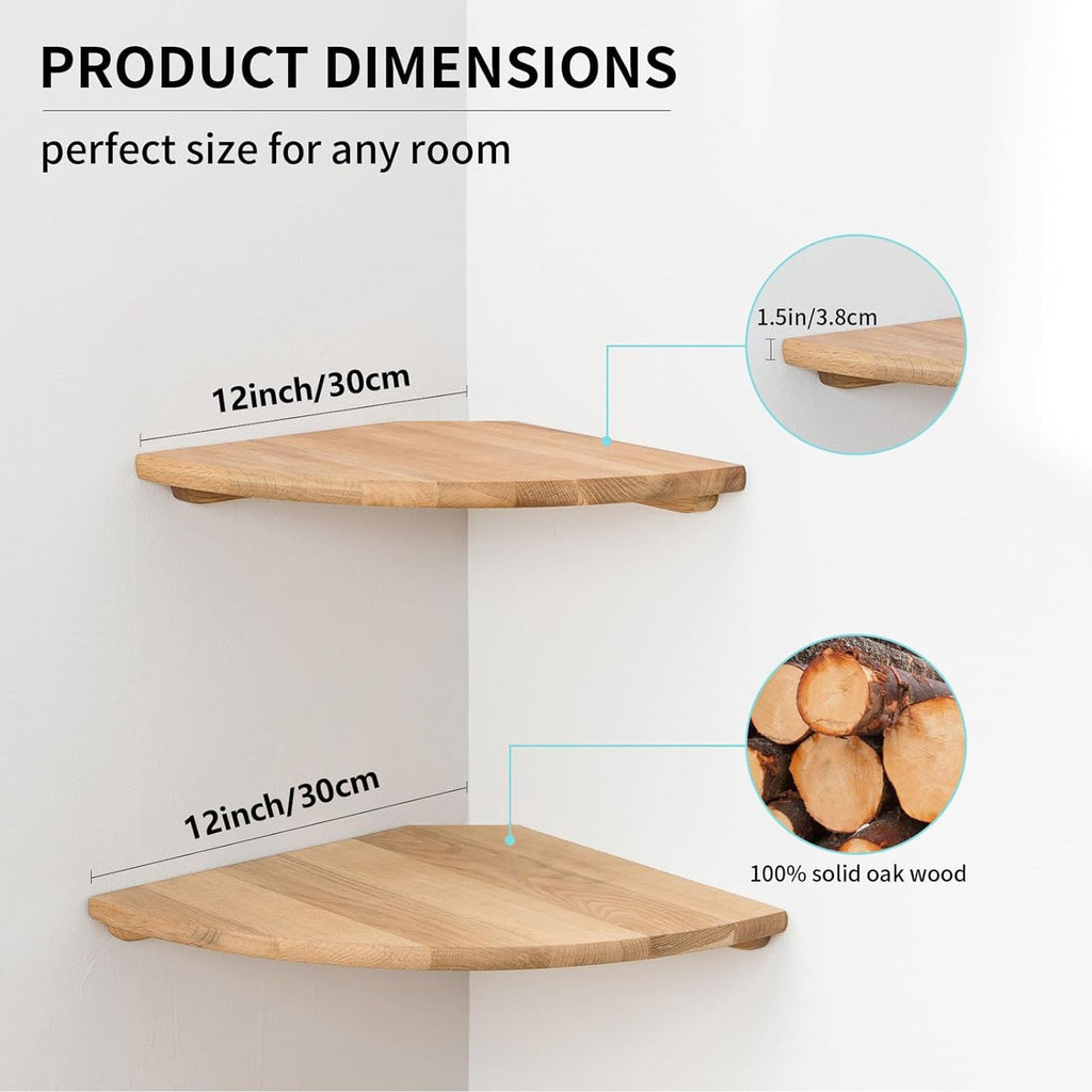 GIEANOO Solid Oak Wood Floating Corner Shelves - 12 Inch Round Set of 2