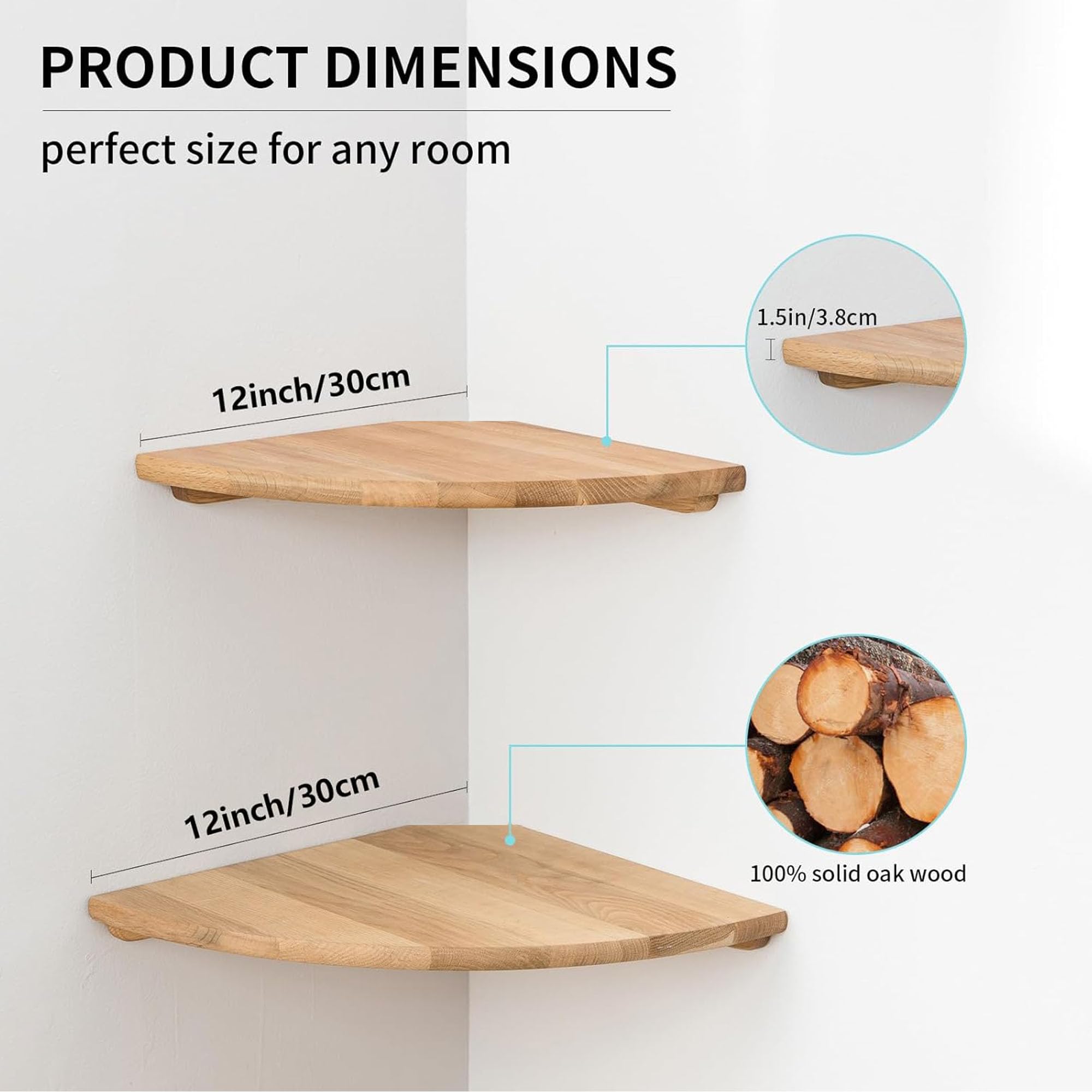 GIEANOO Solid Oak Wood Floating Corner Shelves - 12 Inch Round Set of 2