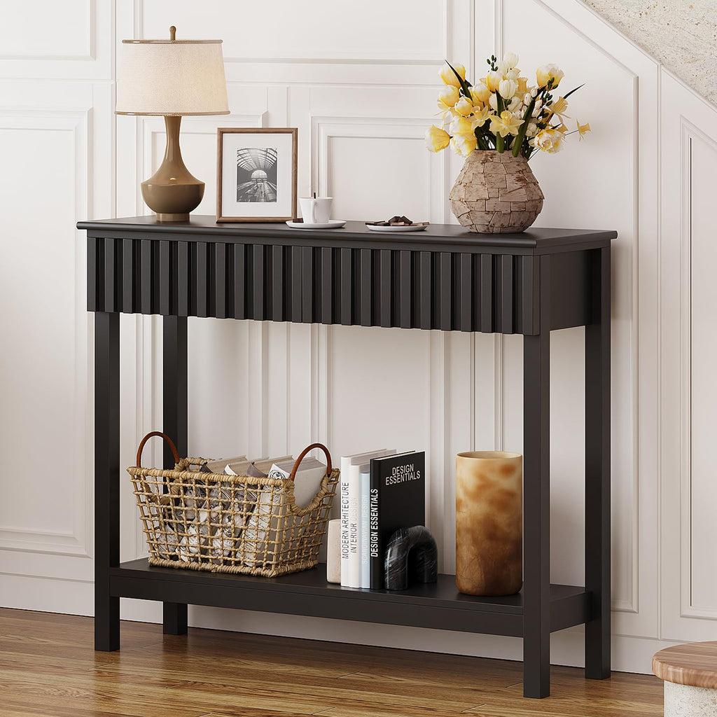 Trironsun Narrow Fluted Console Table with 2 Drawers and Open Shelf Modern Painted Wood Sofa Table for Hallway, Living Room or Behind Couch Black - image 4