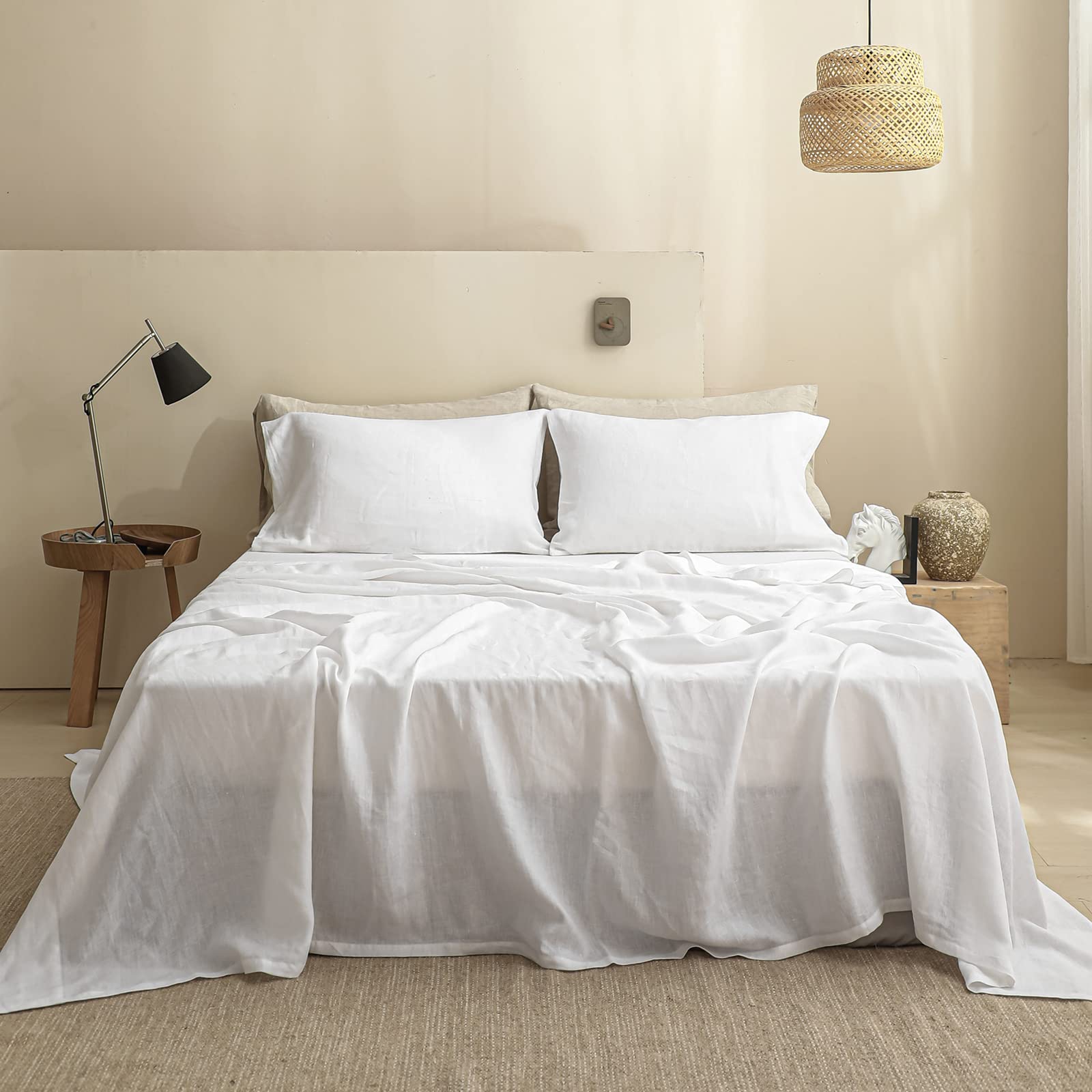 Simple&Opulence 100% Linen Flat Sheet | Stone Washed Super King - White