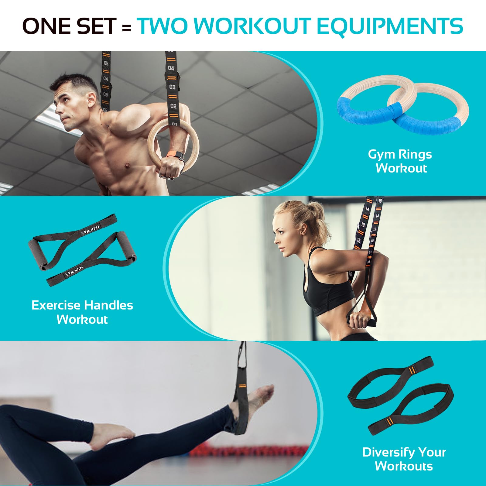 Vulken 32mm Wooden Gymnastic Rings with Numbered Straps & Handles