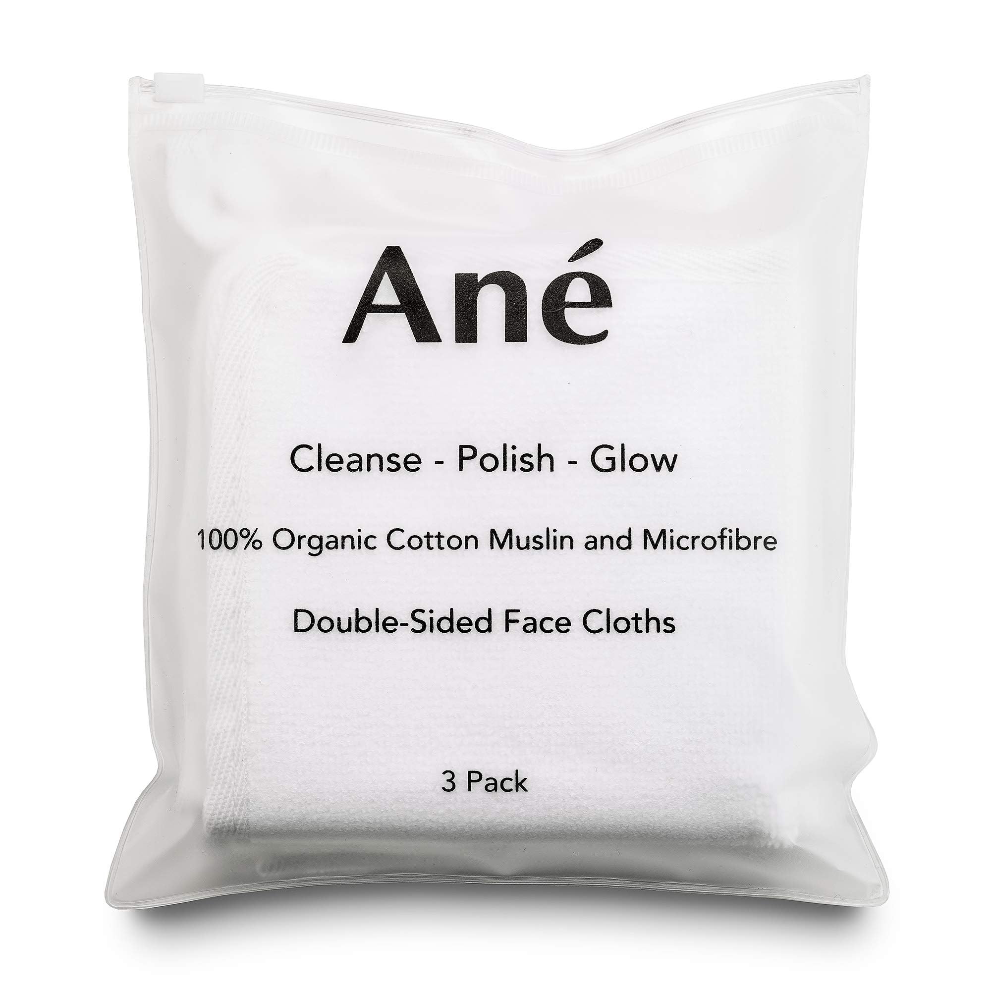 Ané Makeup Remover Cloths - 3 Pack Organic Muslin & Microfibre