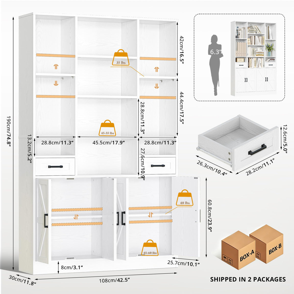 IRONCK Bookcase Bookshelf with Doors & Drawers 190cm Tall Living Room Bookcases,10 Multi-Size Open Compartments, Free Standing Display Shelf - image 3