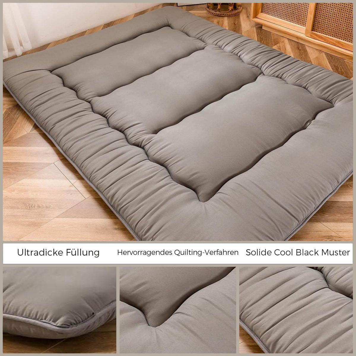 MAXYOYO Japanese Floor Futon Mattress, Thicken Tatami Sleeping Pad Foldable Roll Up Dormitory Mat Pad Floor Lounger Pillow Bed Charcoal Grey, Double