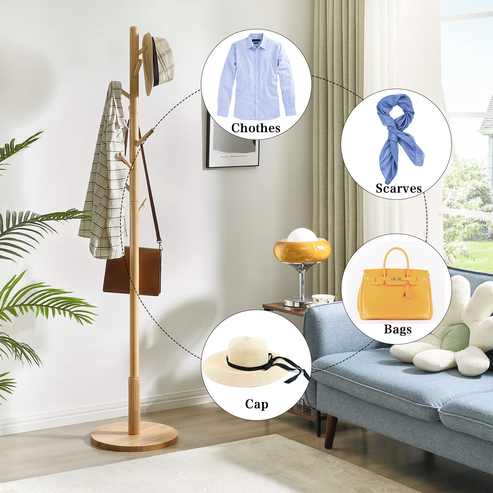IBUYKE Solid Wood Coat Tree | 8-Hook Free Standing Rack with Round Base