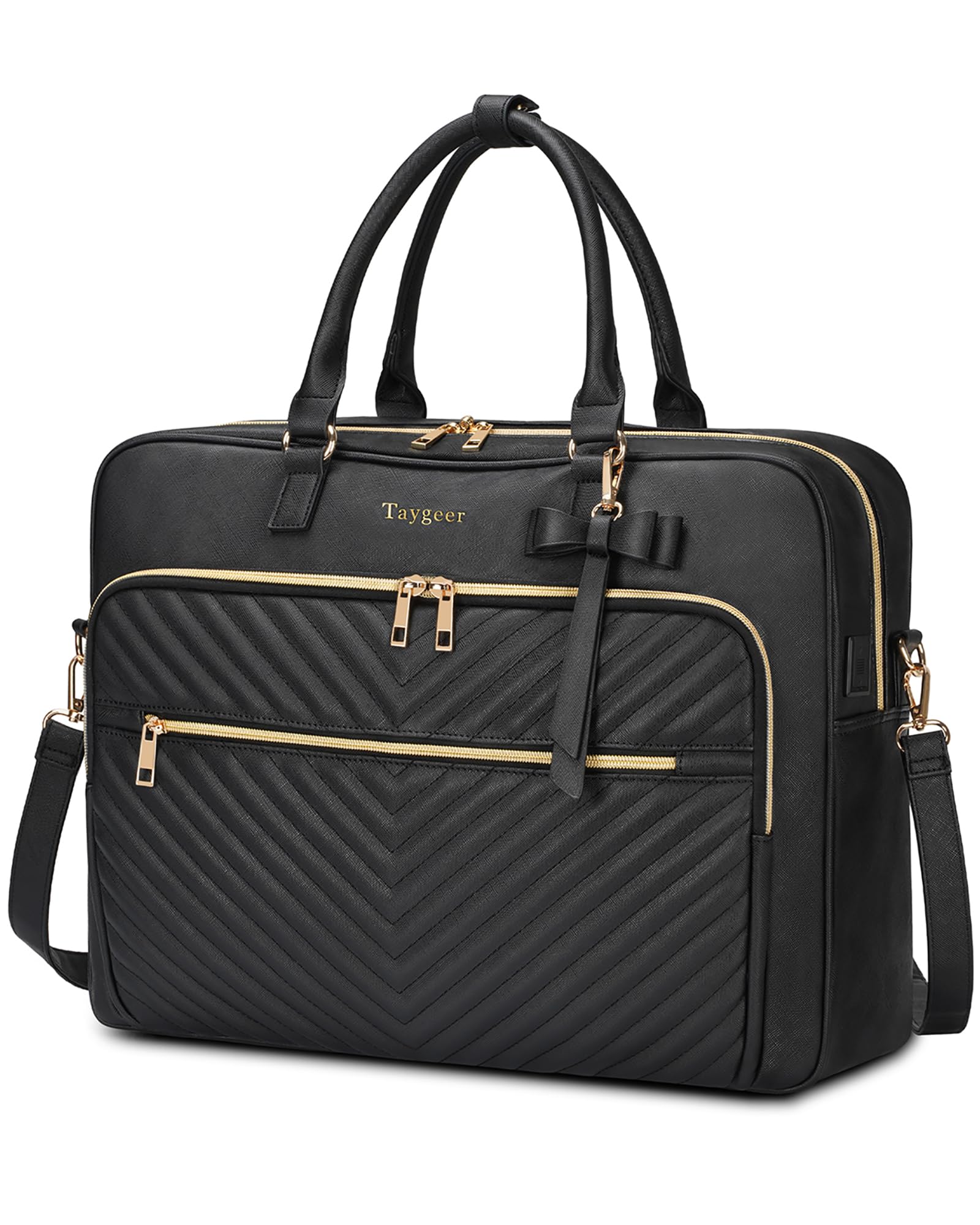 Taygeer 17 Inch Leather Laptop Tote Bag | Quilted Women's Briefcase