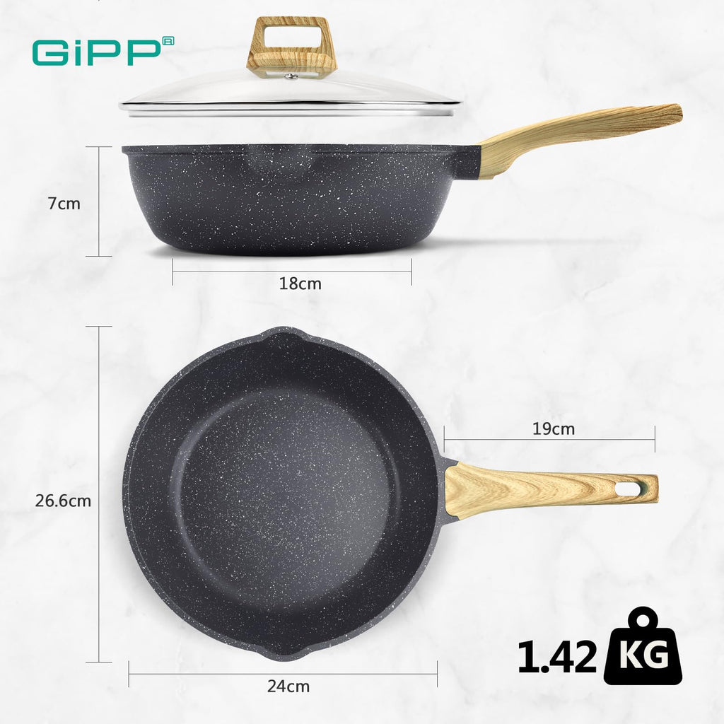 GiPP Nonstick Deep Frying Pan – 2.6L Grey Granite Saute Pan with Lid
