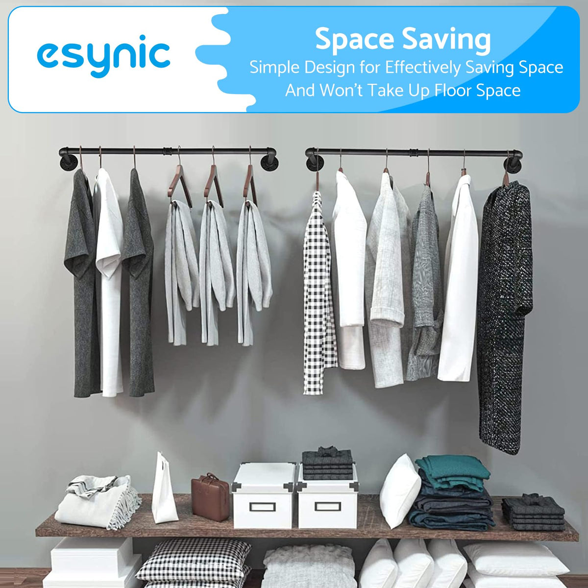 eSynic 60cm Black Industrial Wall Mounted Clothes Rail Heavy Duty - image 5