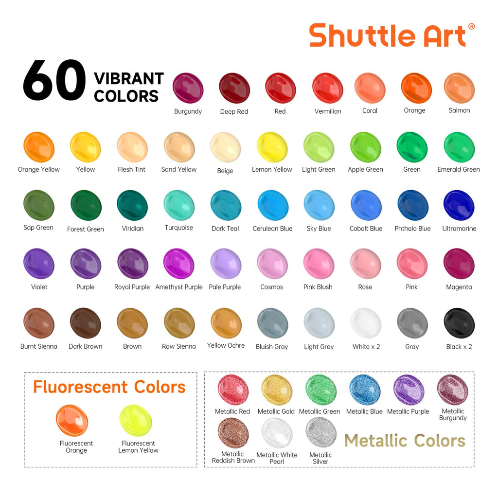 Shuttle Art 72 Pack Acrylic Paint Set - 60 Colors with 12 Brushes