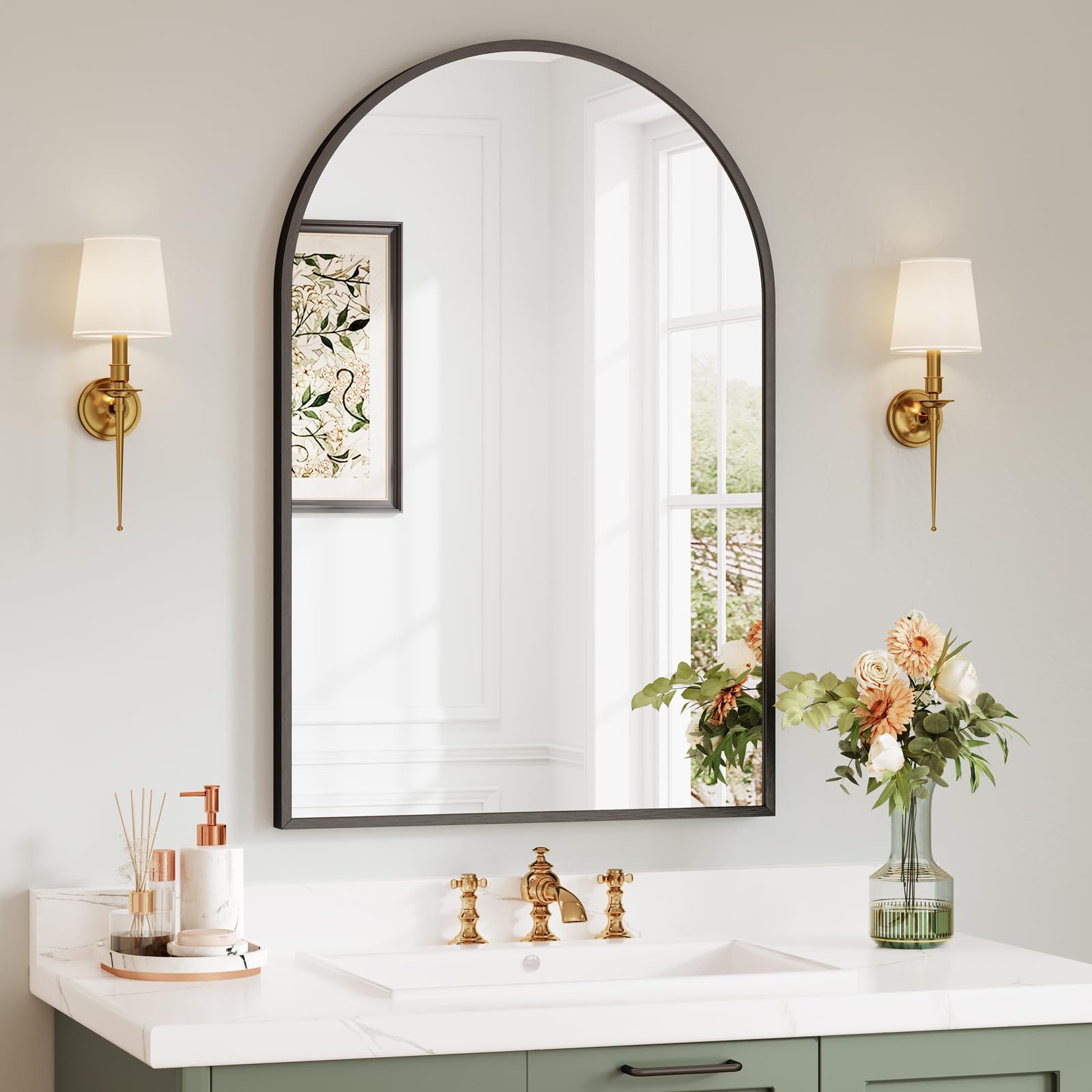 Dripex Arched Wall Mirror – 50x75cm Black Aluminum Frame for Bathroom