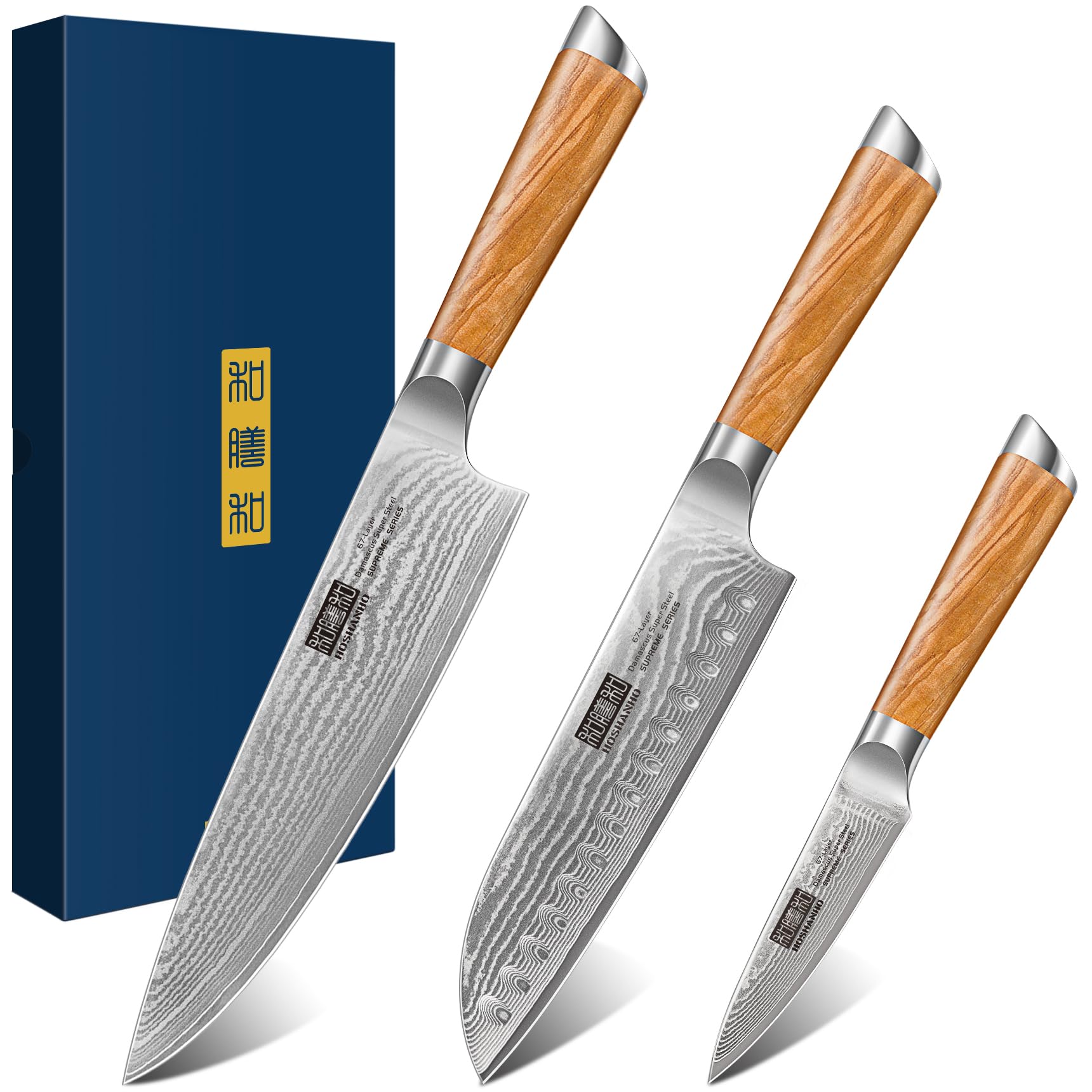 HOSHANHO 3-Piece Damascus Steel Kitchen Knife Set | Chef, Santoku, Paring